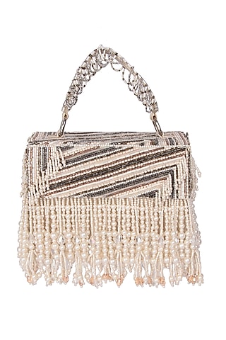 Multi-Colored Satin Pearl Hand Embroidered Handbag by The Purple Sack