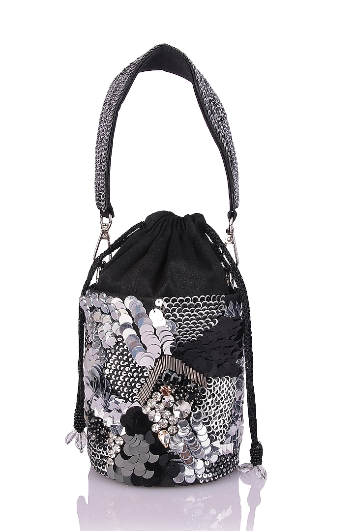 Black Satin Hand Embroidered Potli Bag by The Purple Sack at Pernia's Pop Up Shop