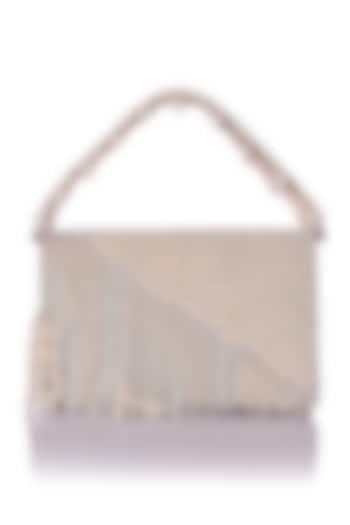 White Satin Pearl Hand Embroidered Clutch by The Purple Sack at Pernia's Pop Up Shop
