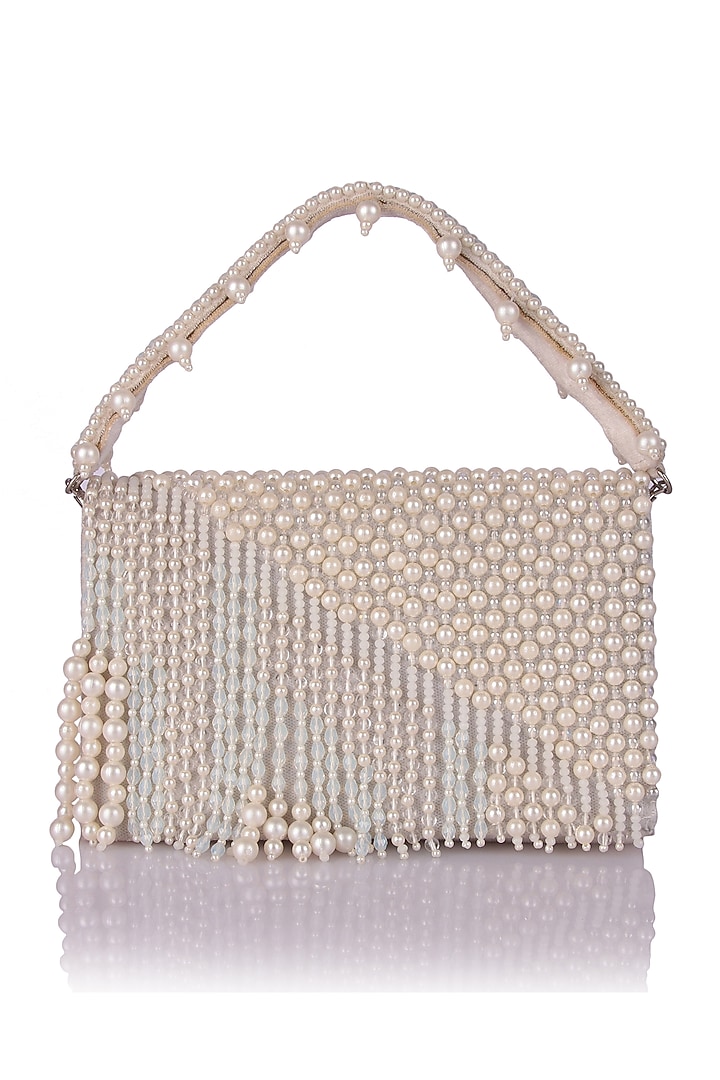 White Satin Pearl Hand Embroidered Clutch by The Purple Sack at Pernia's Pop Up Shop