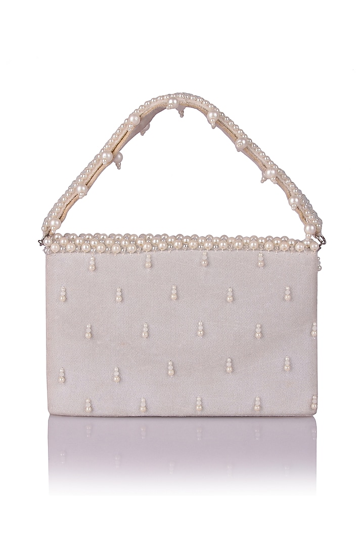 White Satin Pearl Hand Embroidered Clutch by The Purple Sack at Pernia's Pop Up Shop