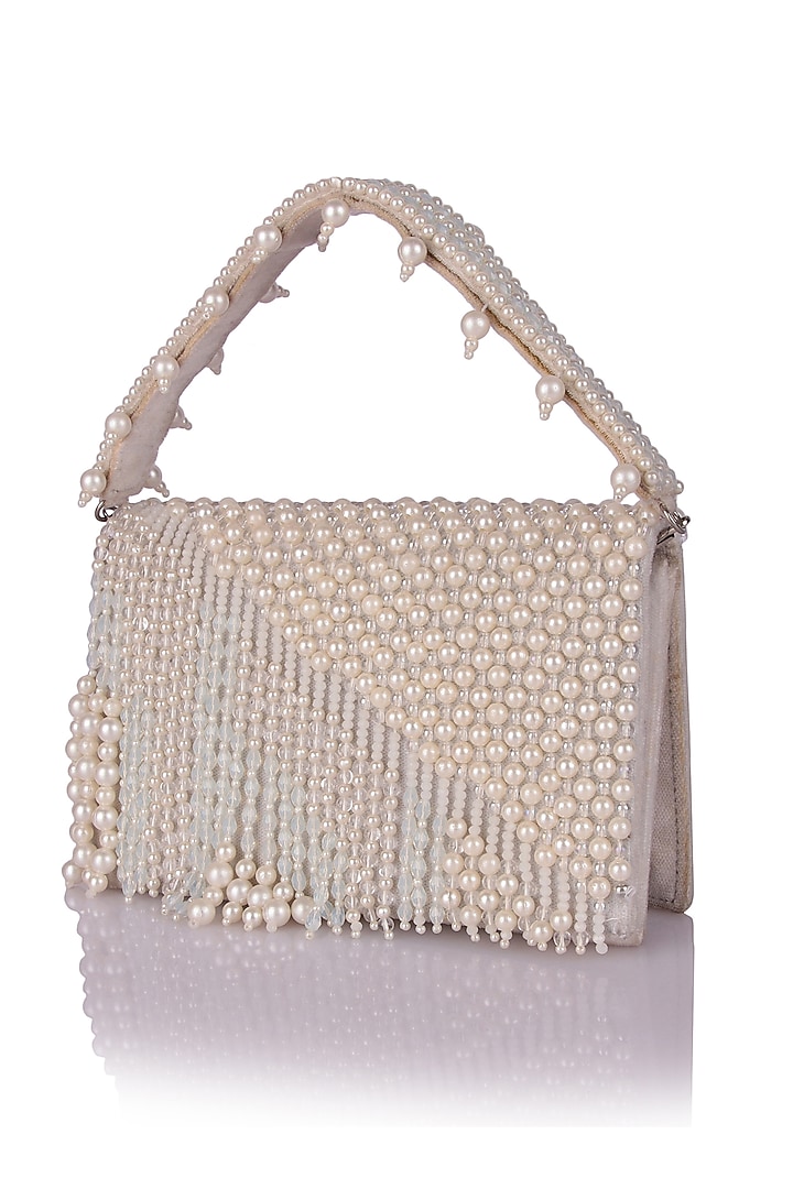 White Satin Pearl Hand Embroidered Clutch by The Purple Sack at Pernia's Pop Up Shop