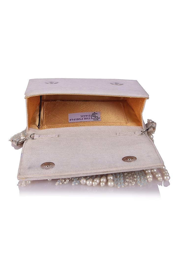 White Satin Pearl Hand Embroidered Clutch by The Purple Sack at Pernia's Pop Up Shop