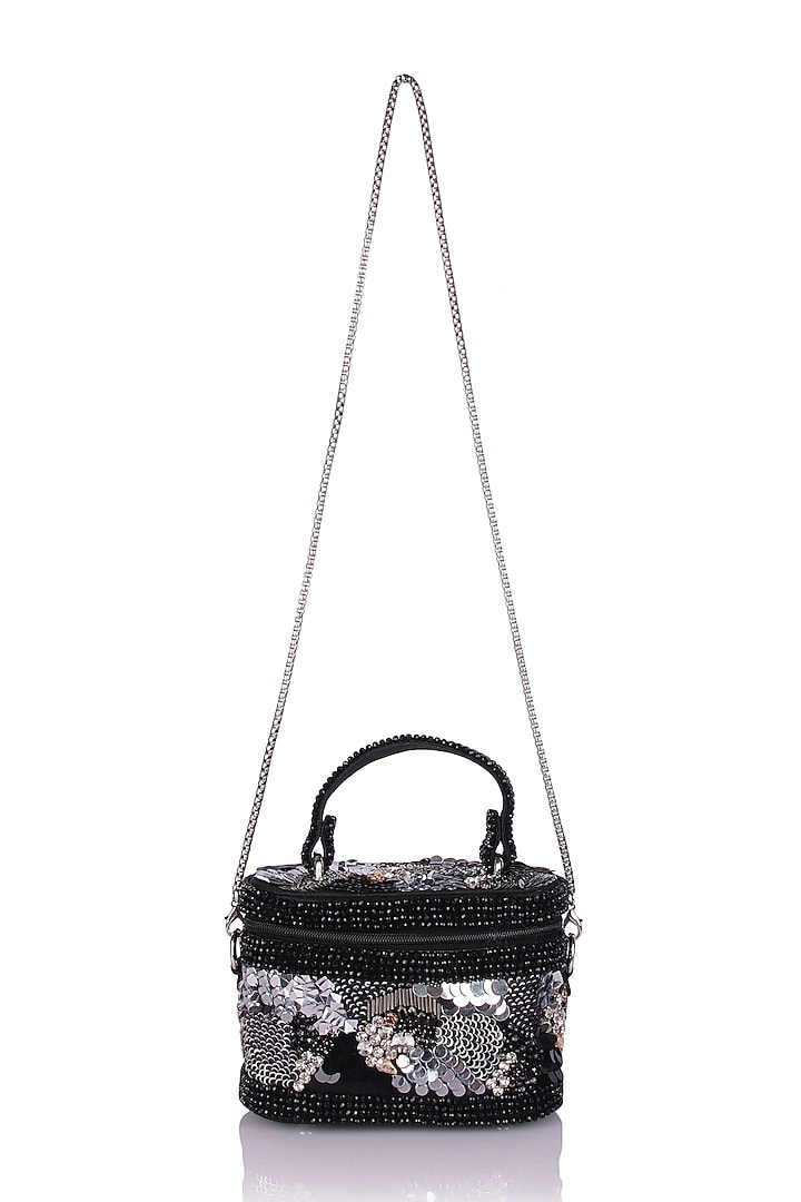 Black Satin Hand Embroidered Vanity Bag by The Purple Sack at Pernia's Pop Up Shop