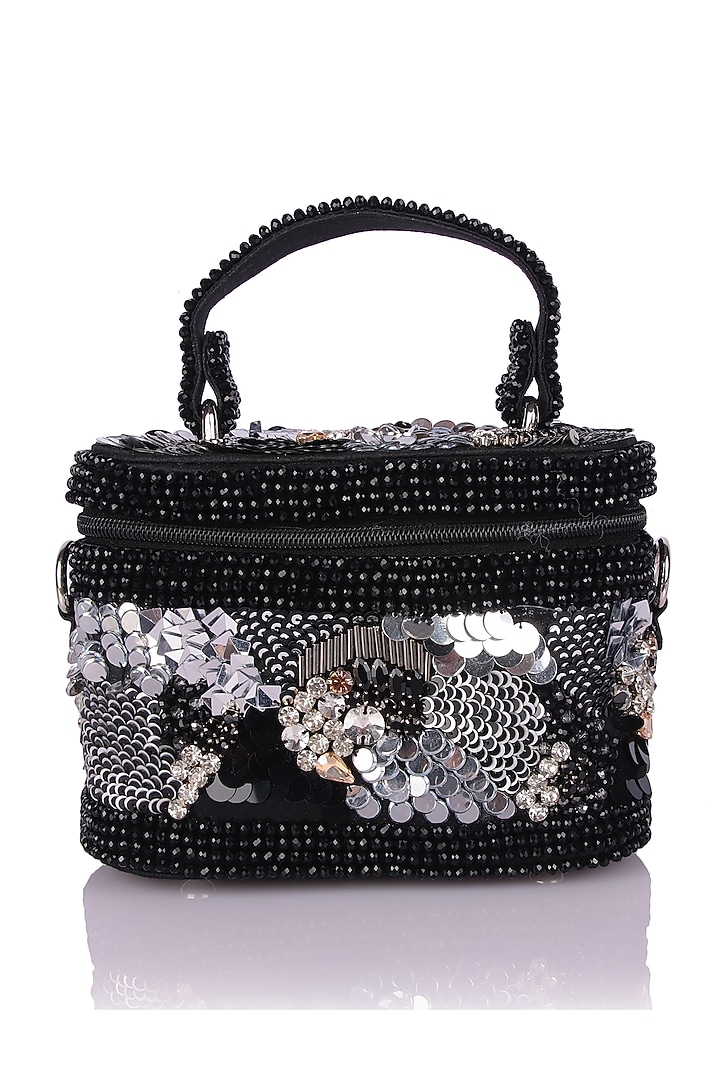 Black Satin Hand Embroidered Vanity Bag by The Purple Sack at Pernia's Pop Up Shop