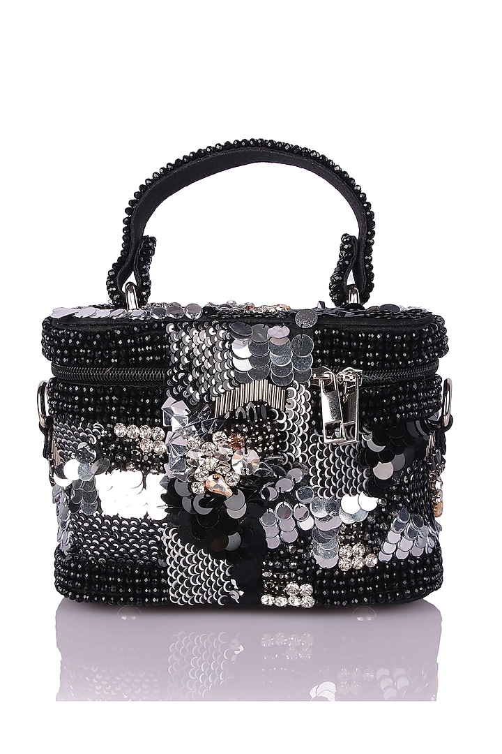 Black Satin Hand Embroidered Vanity Bag by The Purple Sack at Pernia's Pop Up Shop