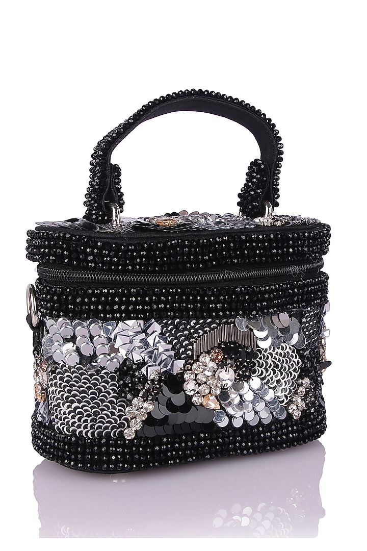 Black Satin Hand Embroidered Vanity Bag by The Purple Sack at Pernia's Pop Up Shop