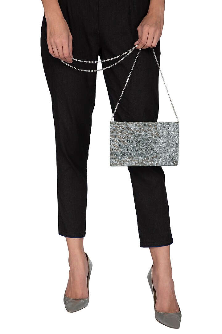 Grey Hand Embroidered Clutch by The Purple Sack at Pernia's Pop Up Shop