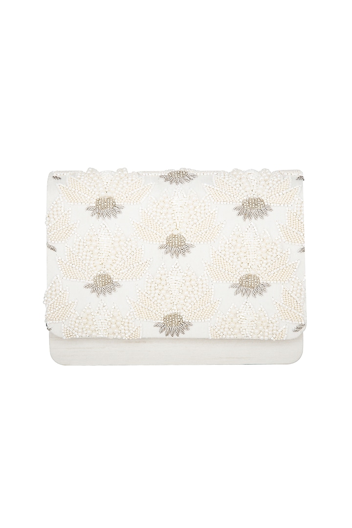 Pearl White Hand Embroidered Clutch  by The Purple Sack