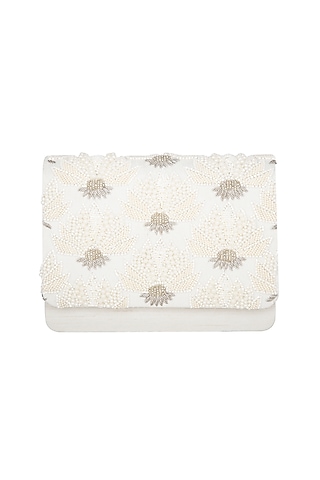Pearl White Hand Embroidered Clutch  by The Purple Sack