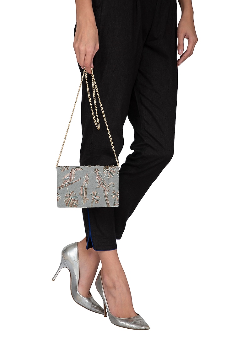Grey Metallic Embroidered Clutch by The Purple Sack at Pernia's Pop Up Shop