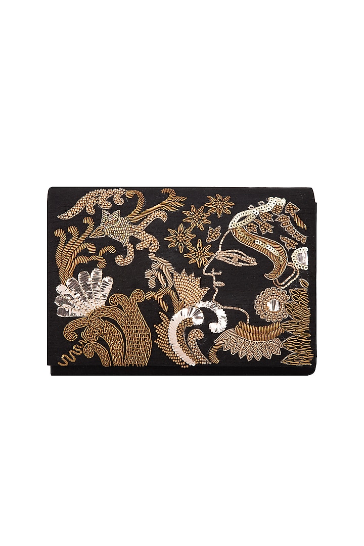 Black & Golden Embroidered Clutch by The Purple Sack