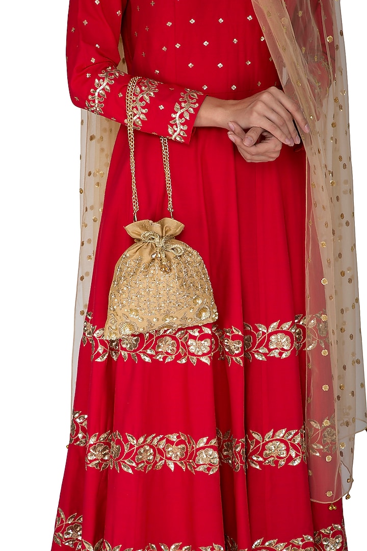 Golden Hand Embroidered Potli by The Purple Sack at Pernia's Pop Up Shop