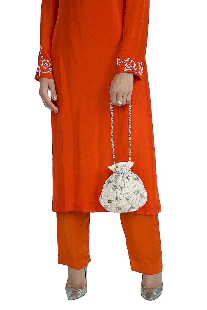 White Hand Embroidered Potli by The Purple Sack at Pernia's Pop Up Shop
