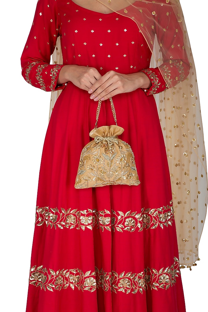Golden Floral Embroidered Potli by The Purple Sack at Pernia's Pop Up Shop
