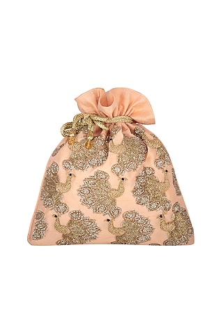 Peach Peacock Embroidered Potli by The Purple Sack