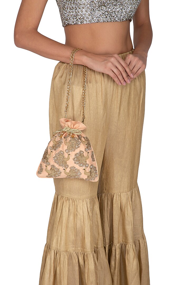 Peach Peacock Embroidered Potli by The Purple Sack at Pernia's Pop Up Shop