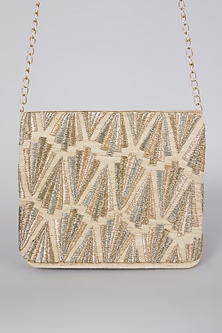 Gold Hand Embroidered Raw Silk Clutch by The Purple Sack