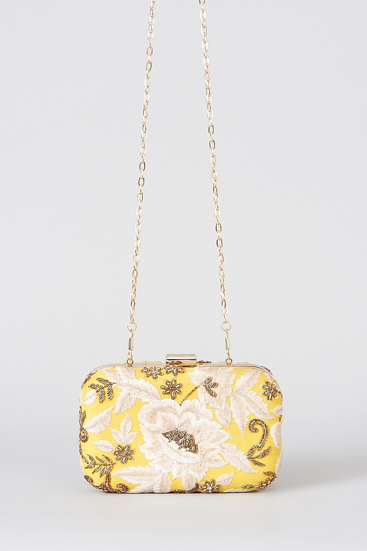 Yellow Hand Embroidered Box Clutch by The Purple Sack at Pernia's Pop Up Shop
