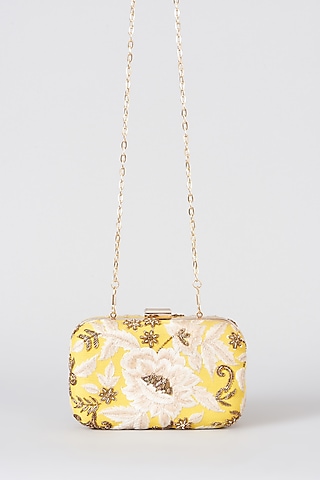 Yellow Hand Embroidered Box Clutch by The Purple Sack