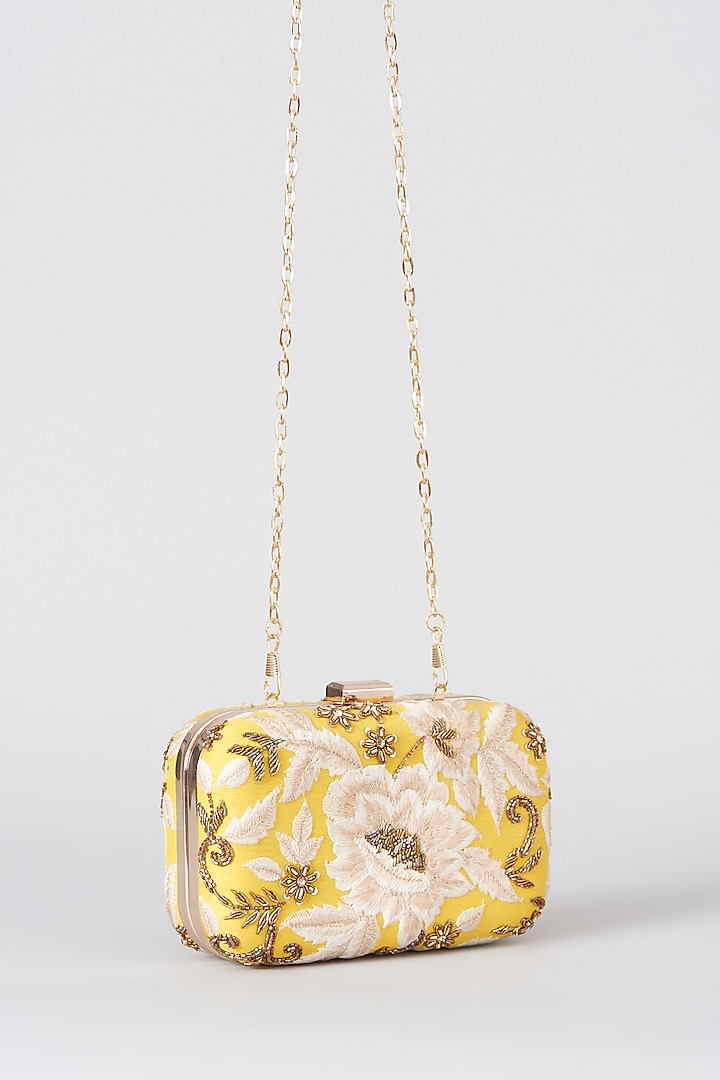 Yellow Hand Embroidered Box Clutch by The Purple Sack at Pernia's Pop Up Shop
