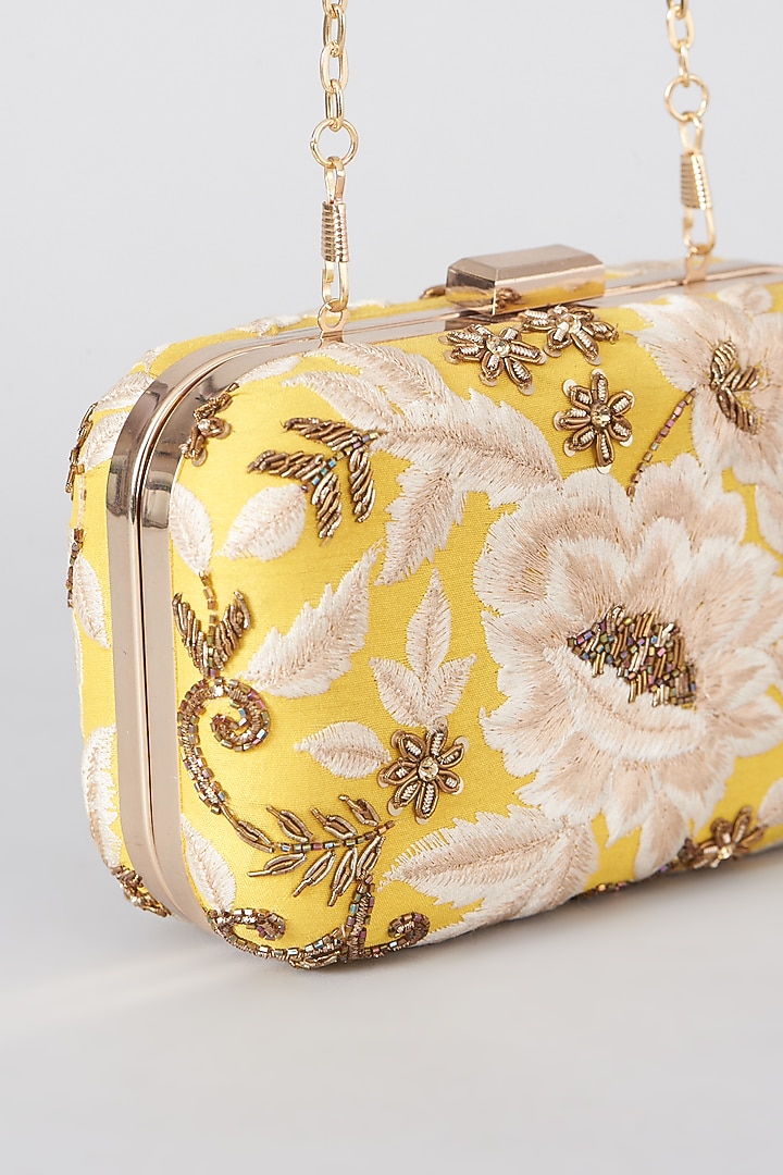Yellow Hand Embroidered Box Clutch by The Purple Sack at Pernia's Pop Up Shop