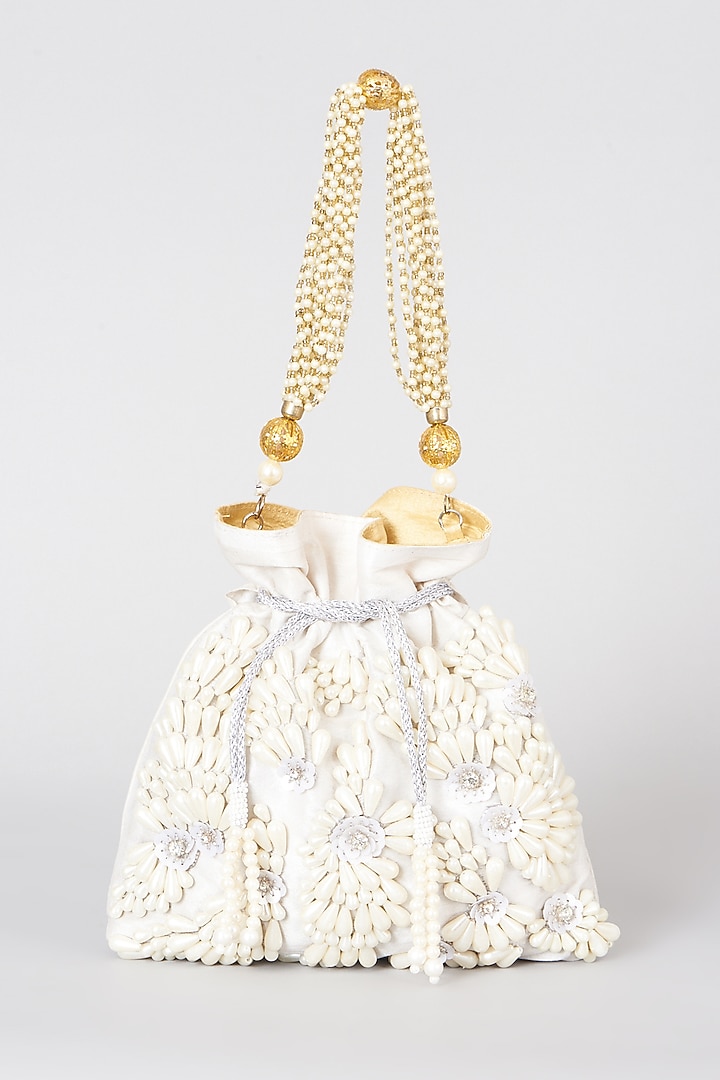White Hand Embroidered Potli by The Purple Sack at Pernia's Pop Up Shop