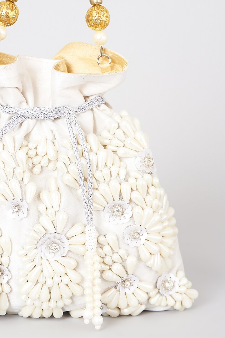 White Hand Embroidered Potli by The Purple Sack at Pernia's Pop Up Shop