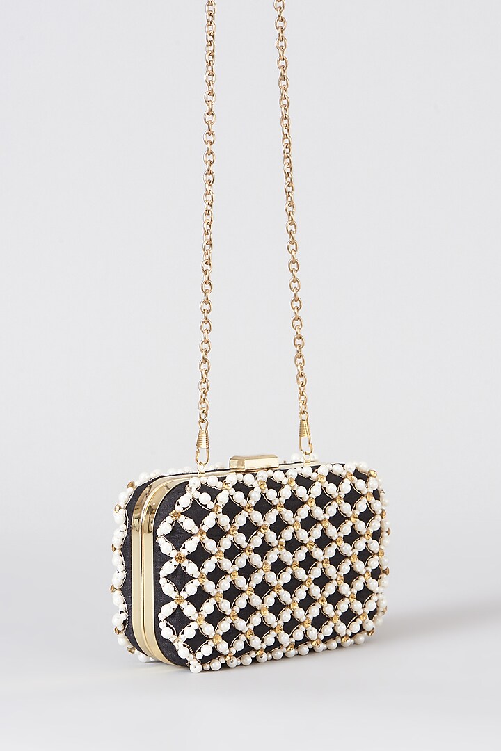 Black Hand Embroidered Box Clutch by The Purple Sack at Pernia's Pop Up Shop