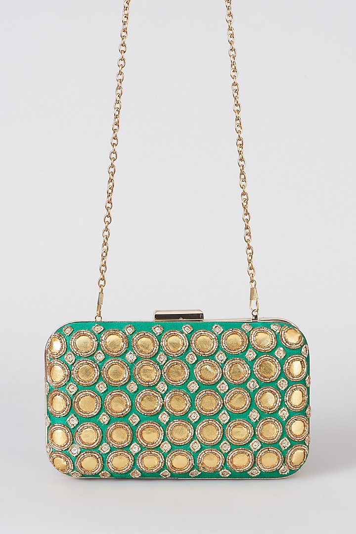 Green Hand Embroidered Box Clutch by The Purple Sack at Pernia's Pop Up Shop