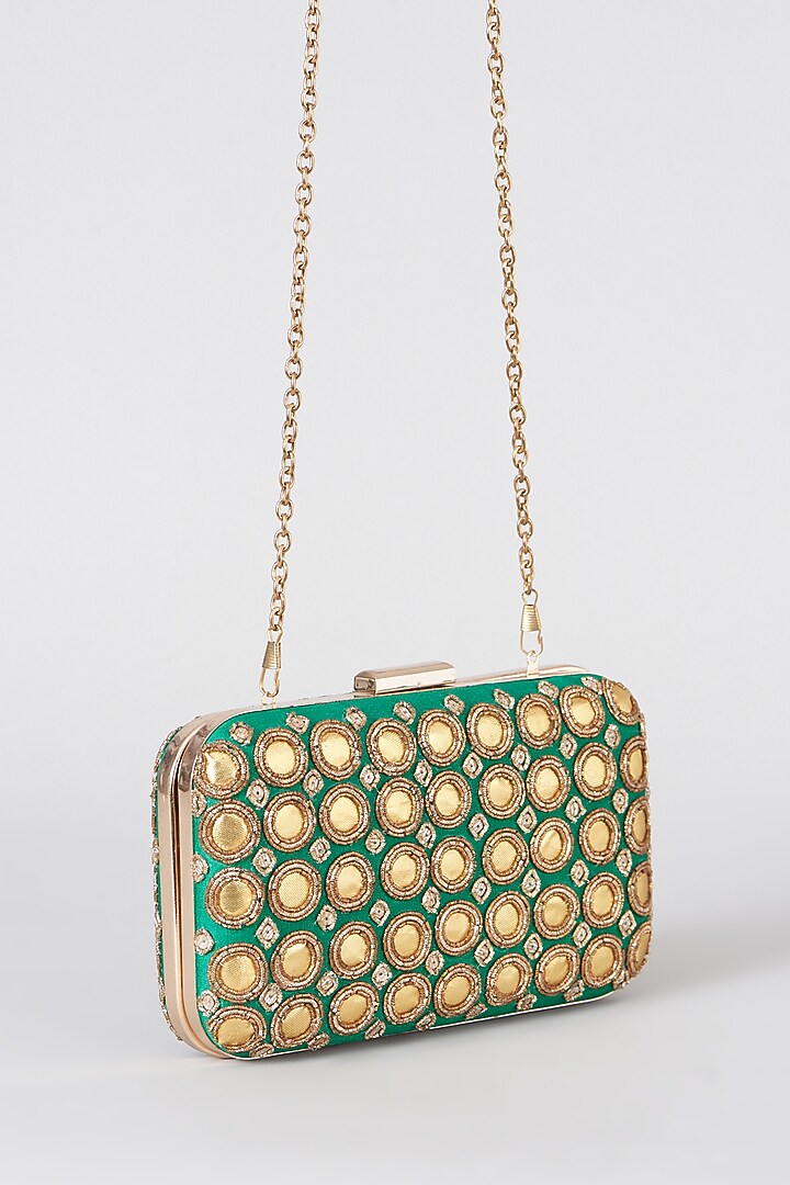 Green Hand Embroidered Box Clutch by The Purple Sack at Pernia's Pop Up Shop
