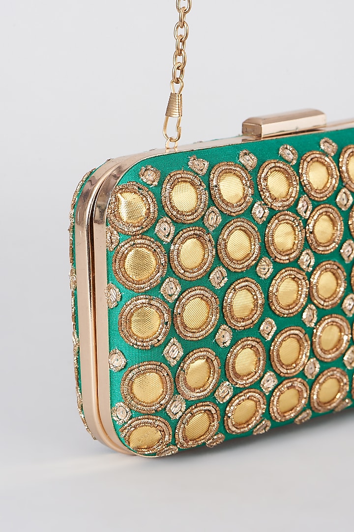 Green Hand Embroidered Box Clutch by The Purple Sack at Pernia's Pop Up Shop