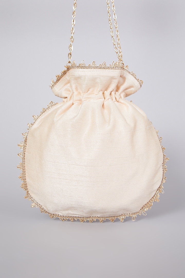 Gold Raw Silk Hand Embroidered Potli by The Purple Sack at Pernia's Pop Up Shop