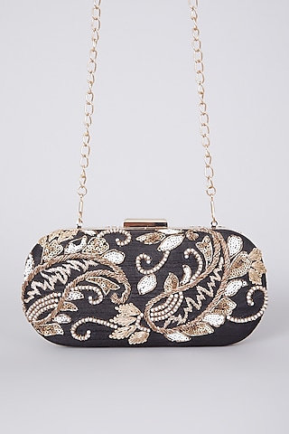 Black Raw Silk Hand Embroidered Clutch by The Purple Sack