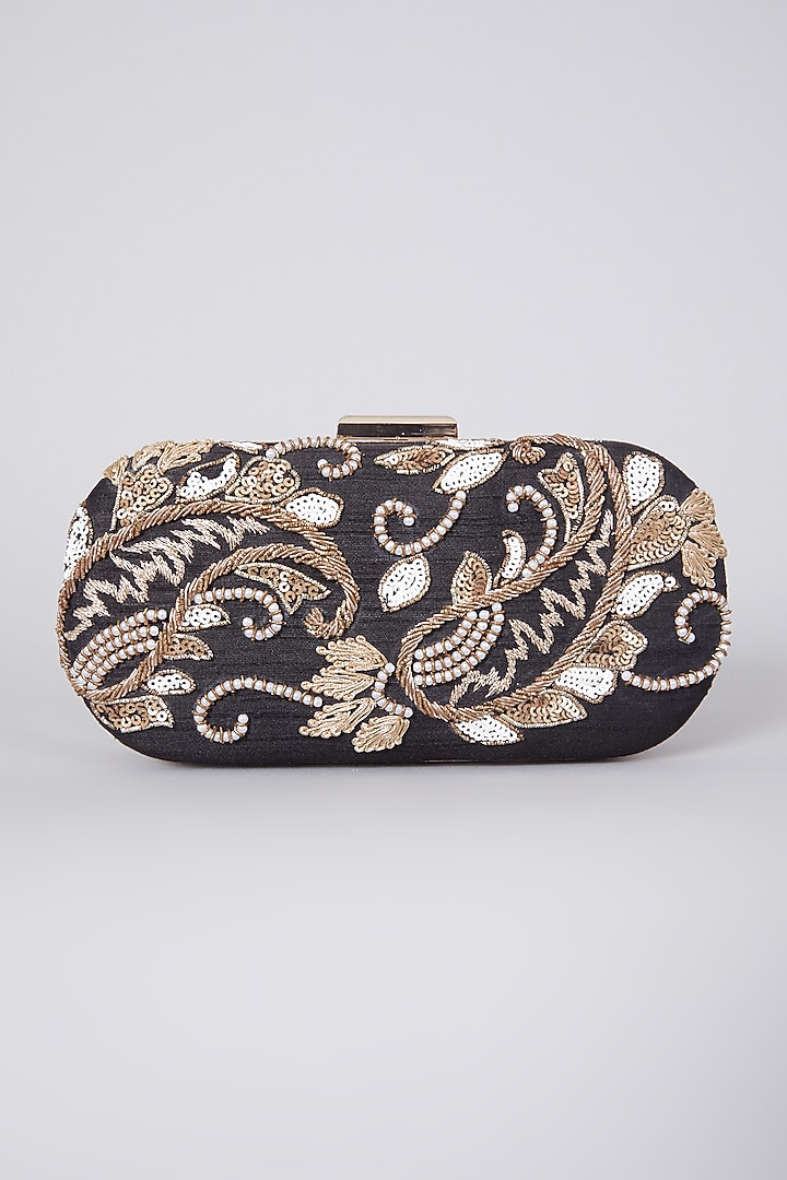 Black Raw Silk Hand Embroidered Clutch by The Purple Sack at Pernia's Pop Up Shop
