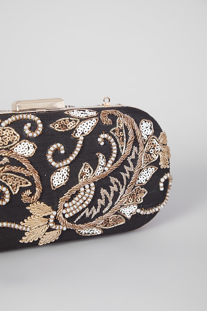 Black Raw Silk Hand Embroidered Clutch by The Purple Sack at Pernia's Pop Up Shop