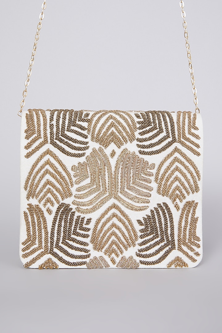 Gold Hand Embroidered Clutch With Chain by The Purple Sack at Pernia's Pop Up Shop