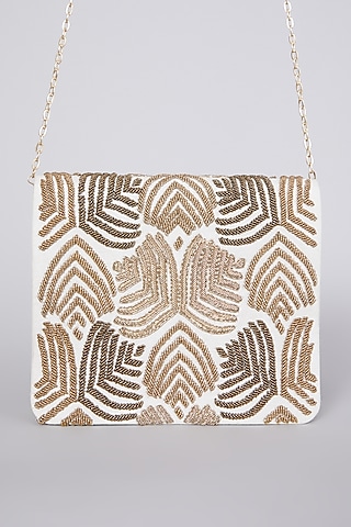 Gold Hand Embroidered Clutch With Chain by The Purple Sack