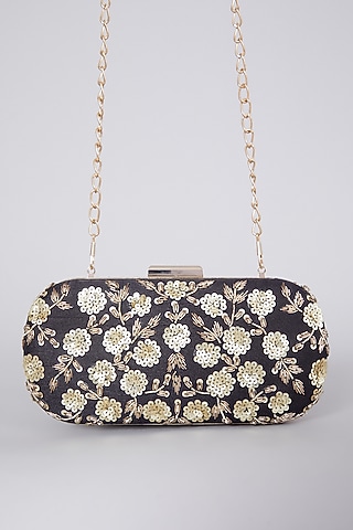 Black Hand Embroidered Raw Silk Clutch  by The Purple Sack