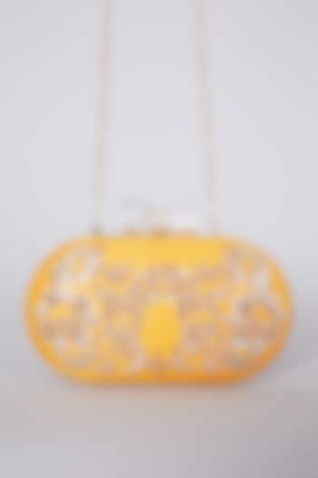 Yellow Hand Embroidered Raw Silk Clutch  by The Purple Sack