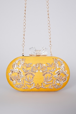 Yellow Hand Embroidered Raw Silk Clutch  by The Purple Sack