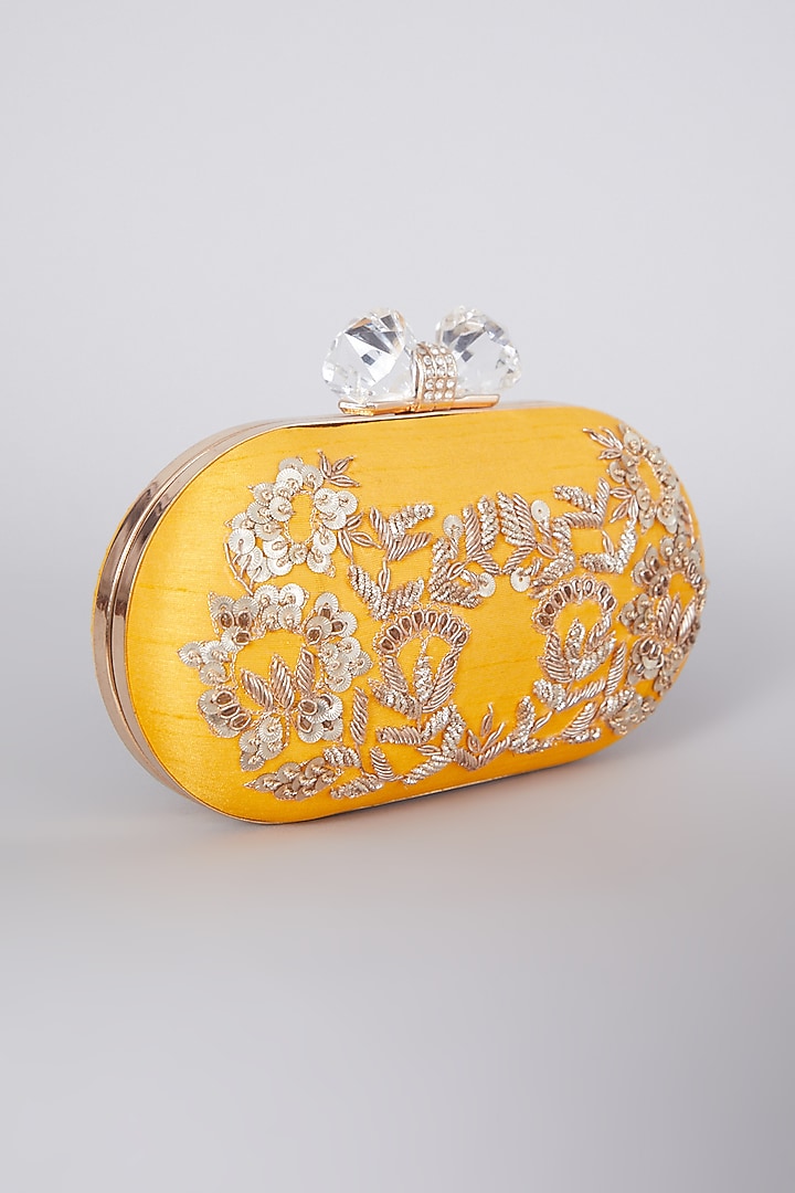 Yellow Hand Embroidered Raw Silk Clutch by The Purple Sack at Pernia's Pop Up Shop