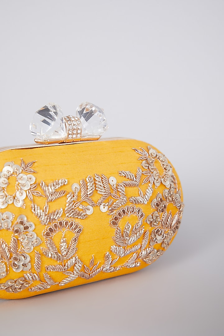 Yellow Hand Embroidered Raw Silk Clutch by The Purple Sack at Pernia's Pop Up Shop