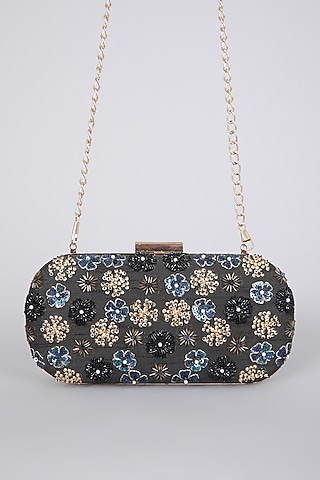 Black Raw Silk Hand Embroidered Clutch  by The Purple Sack