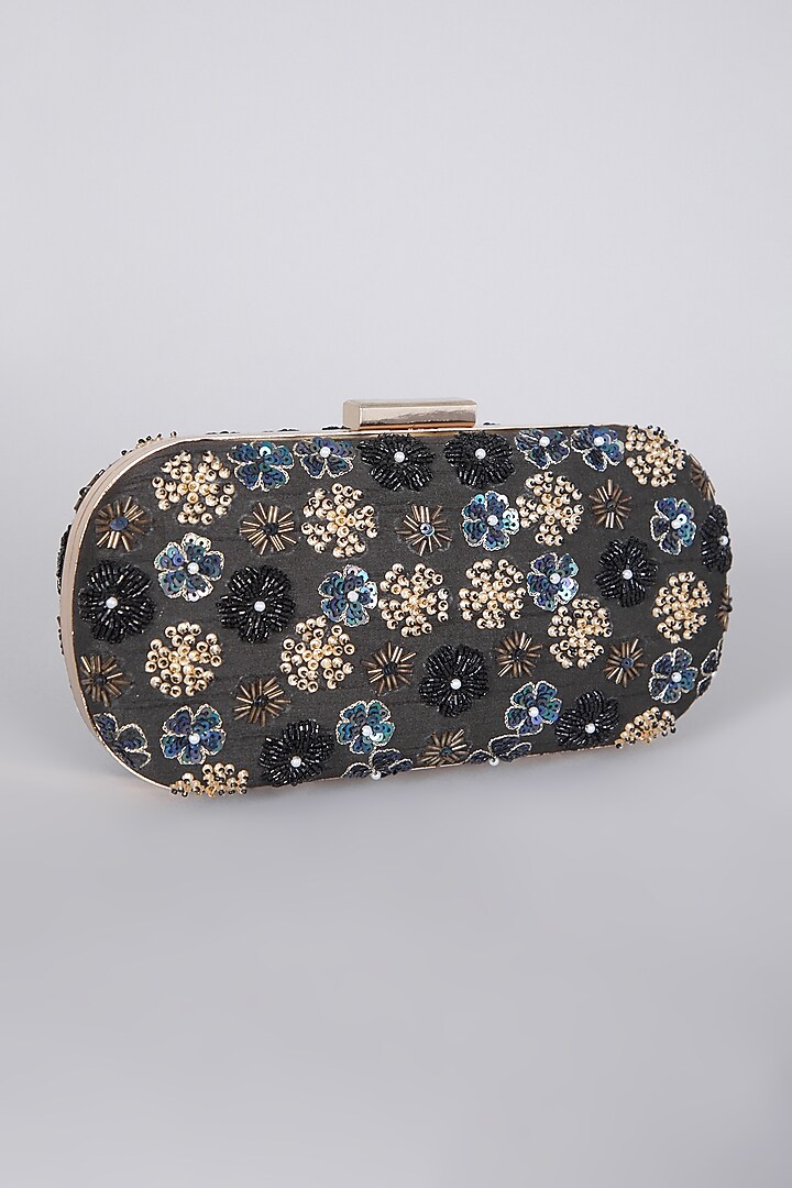 Black Raw Silk Hand Embroidered Clutch by The Purple Sack at Pernia's Pop Up Shop