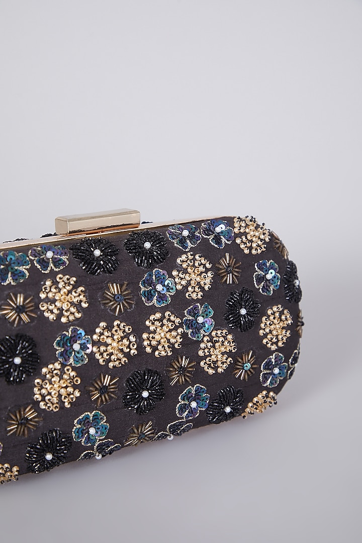 Black Raw Silk Hand Embroidered Clutch by The Purple Sack at Pernia's Pop Up Shop