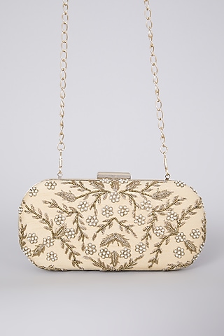 Golden Raw Silk Hand Embroidered Clutch  by The Purple Sack