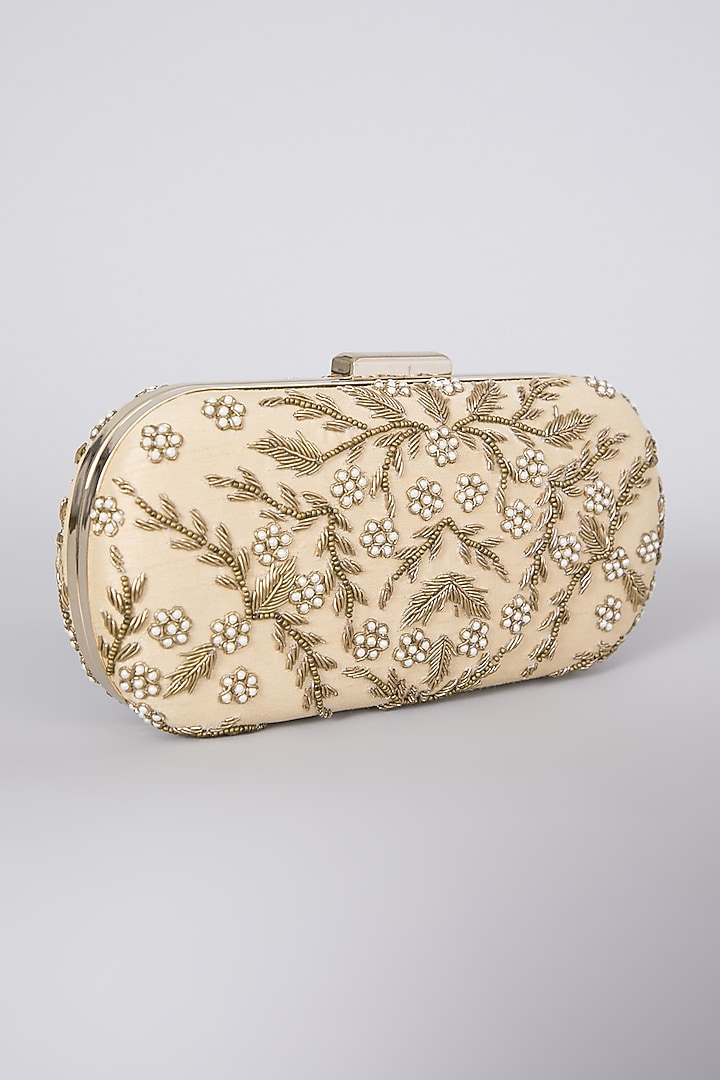 Golden Raw Silk Hand Embroidered Clutch by The Purple Sack at Pernia's Pop Up Shop
