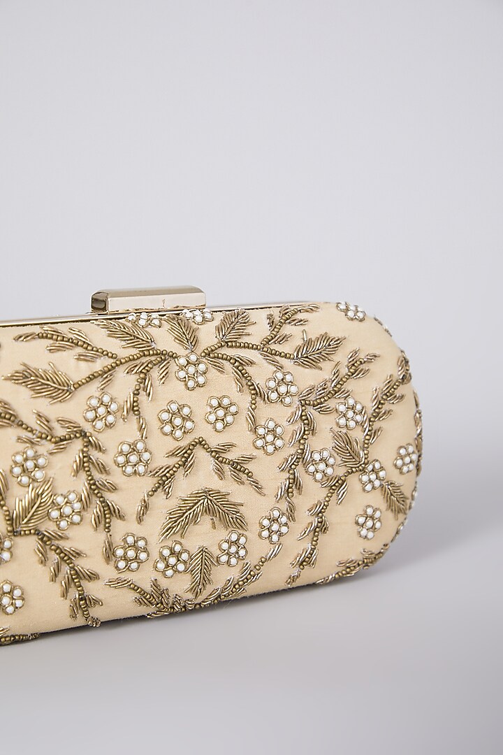 Golden Raw Silk Hand Embroidered Clutch by The Purple Sack at Pernia's Pop Up Shop