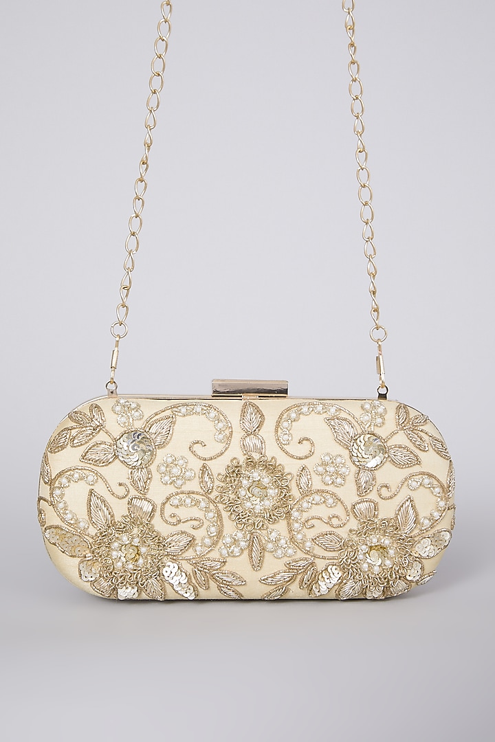 Golden Hand Embroidered Raw Silk Clutch  by The Purple Sack